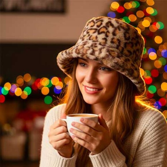 2/$30 Ladies Fuzzy Light Leopard Print Bucket Hat - Picture 4 of 7